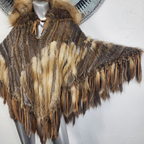 ALBERTO MAKALI~VINTAGE BROWN GENUINE FOX FUR REAL RABBIT HOODED PONCHO CAPE COAT - Picture 11 of 16
